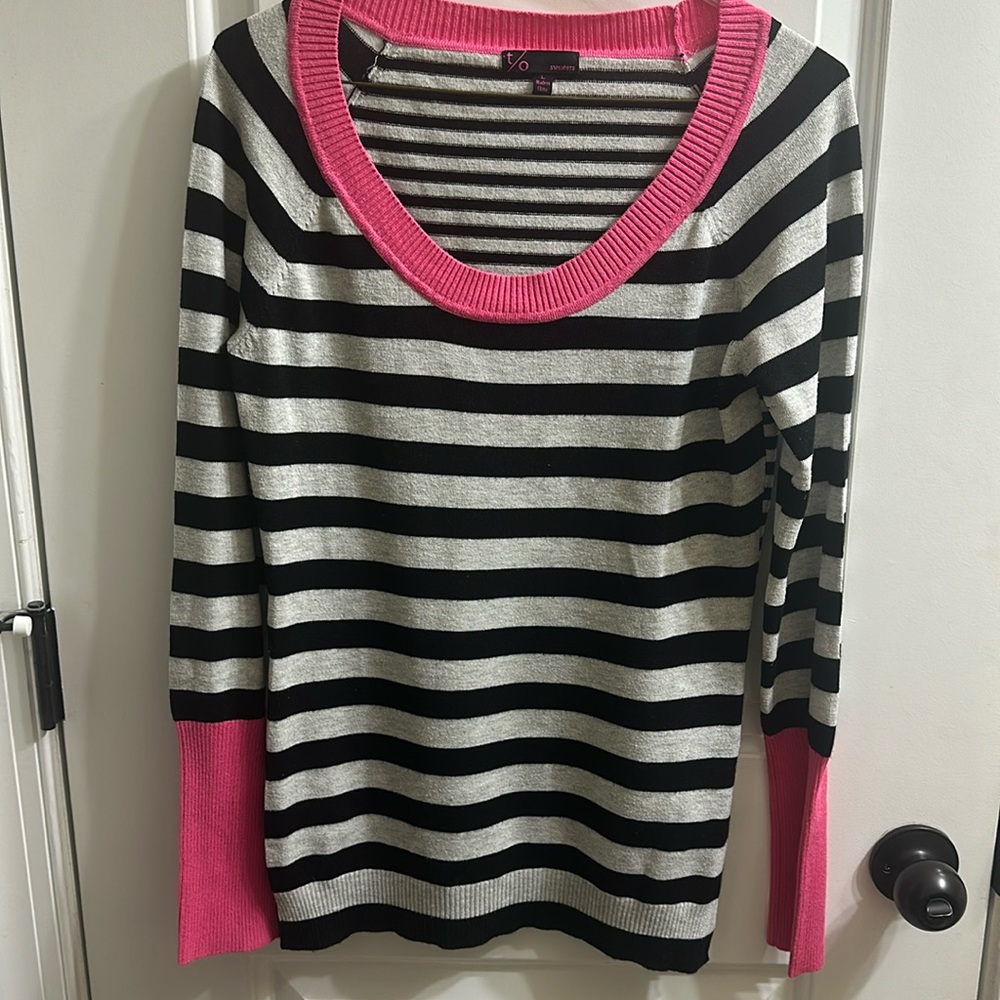 T/o sweaters Black/Grey Stripe Sweater with Hot Pink Accents